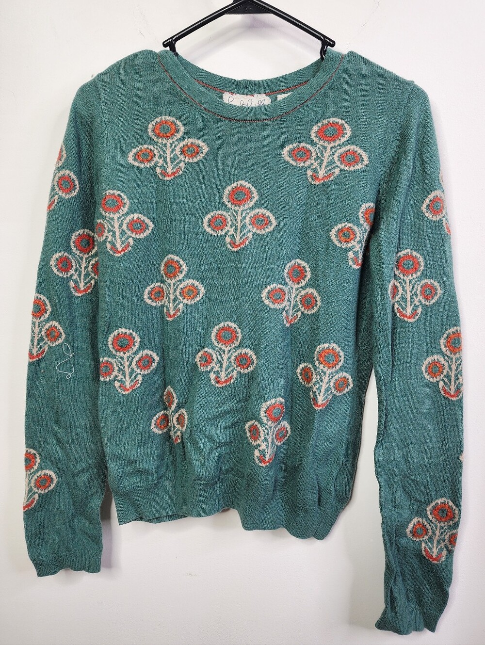 Liatris Floral Top, Teal Floral Crewneck Sweater with Coral Accents